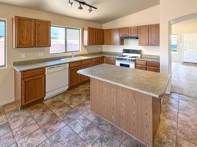 2582 W Brandy Crest Dr, Tucson, AZ 85713 - kitchen with white appliances, a sink, brown cabinetry, rail lighting, and vaulted ceiling