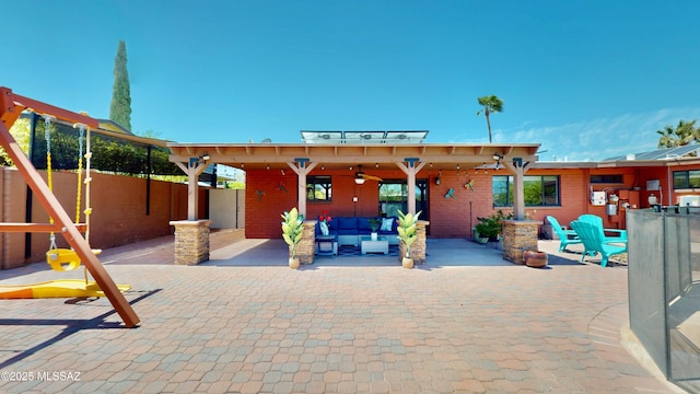 502 N Citadel Ave, Tucson, AZ 85748 - view of patio with fence, an outdoor hangout area, and a ceiling fan