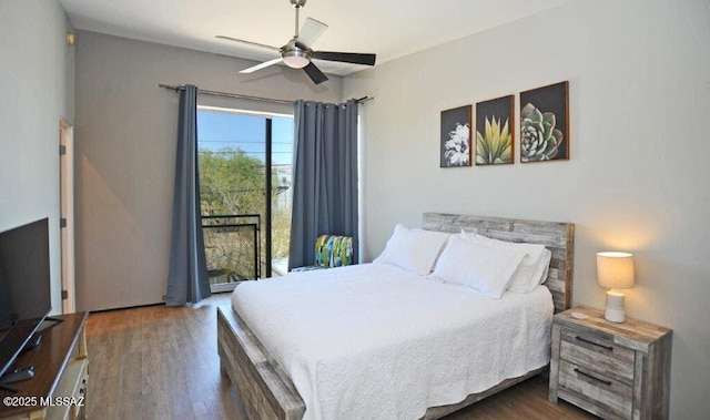 bedroom with ceiling fan and wood finished floors