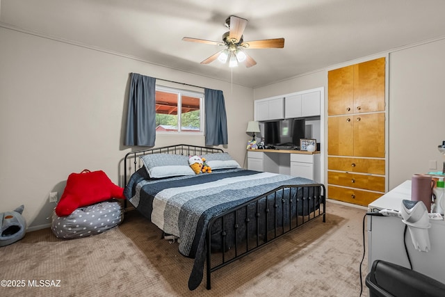 bedroom with light colored carpet and ceiling fan