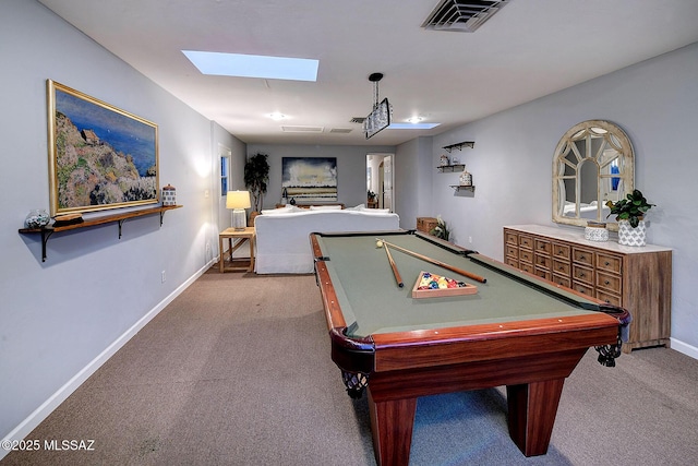 rec room featuring a skylight, billiards, carpet floors, baseboards, and visible vents