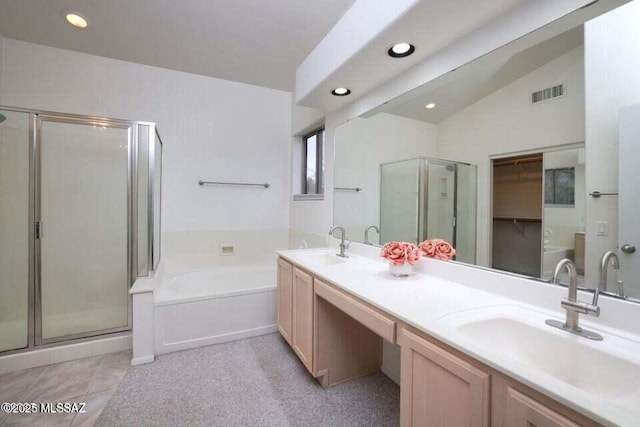 full bath featuring a shower stall, a sink, and visible vents