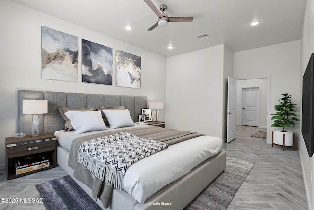 bedroom featuring a ceiling fan, visible vents, and recessed lighting