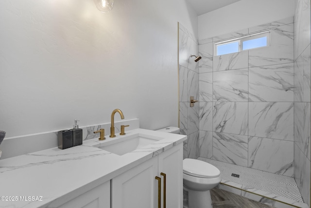 full bathroom with a stall shower, vanity, and toilet