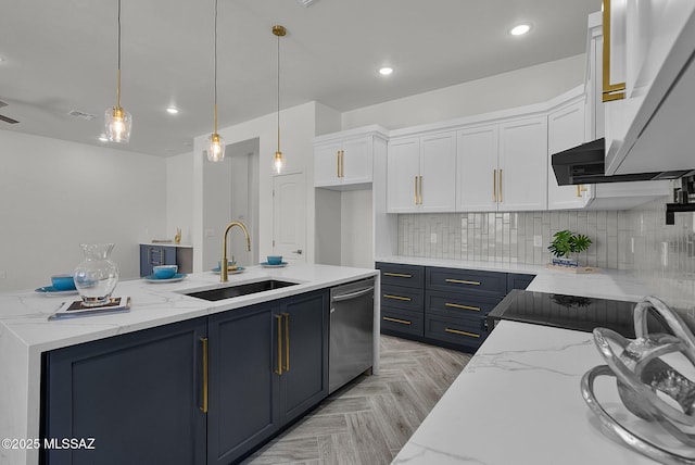 kitchen featuring white cabinets, dishwasher, visible vents, a sink, and decorative light fixtures