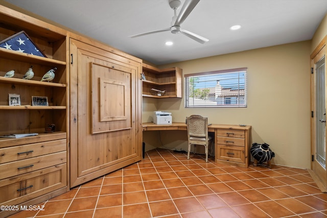 tiled office with built in study area, a ceiling fan, and recessed lighting