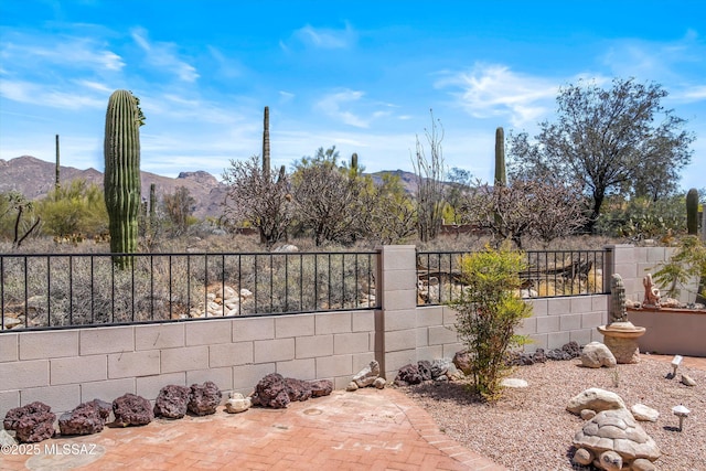 view of yard featuring a mountain view and fence private yard