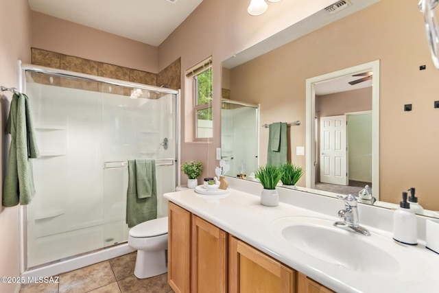 full bath with toilet, vanity, visible vents, and a stall shower