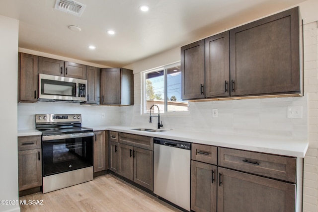 kitchen featuring a sink, light wood-style floors, dark brown cabinetry, appliances with stainless steel finishes, and visible vents