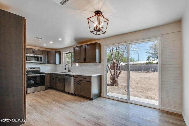 kitchen featuring a sink, dark brown cabinets, visible vents, light countertops, and appliances with stainless steel finishes