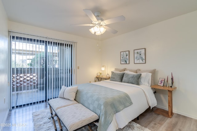 bedroom featuring baseboards, ceiling fan, light wood-style flooring, and access to exterior