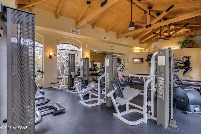 gym with ceiling fan, visible vents, and wood ceiling