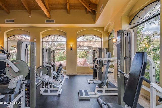 exercise room with visible vents and wooden ceiling