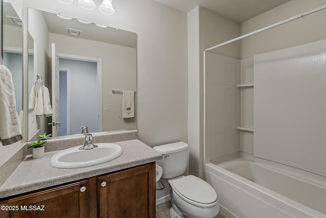 bathroom featuring visible vents,  shower combination, toilet, and vanity