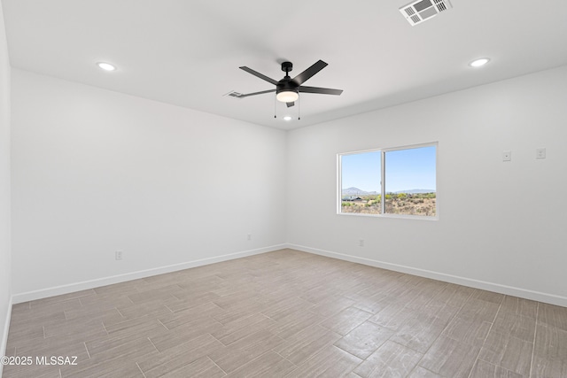 unfurnished room with recessed lighting, visible vents, and a ceiling fan