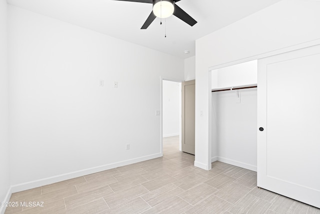 unfurnished bedroom featuring a closet, a ceiling fan, and baseboards