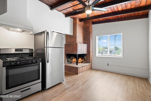 kitchen featuring appliances with stainless steel finishes, wooden ceiling, range hood, and light wood-style floors