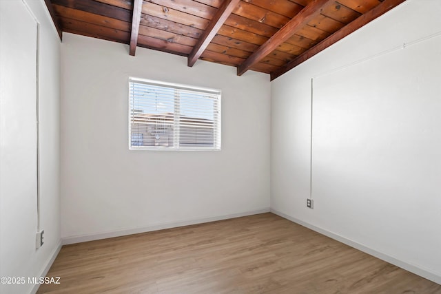empty room featuring light wood-style floors, wooden ceiling, baseboards, and lofted ceiling with beams