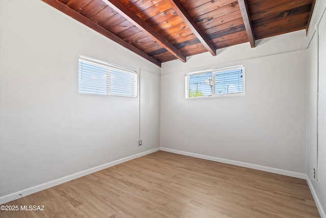 empty room featuring vaulted ceiling with beams, baseboards, wood ceiling, and light wood-style flooring