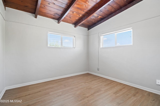 spare room featuring baseboards, lofted ceiling with beams, wood ceiling, and light wood-style flooring