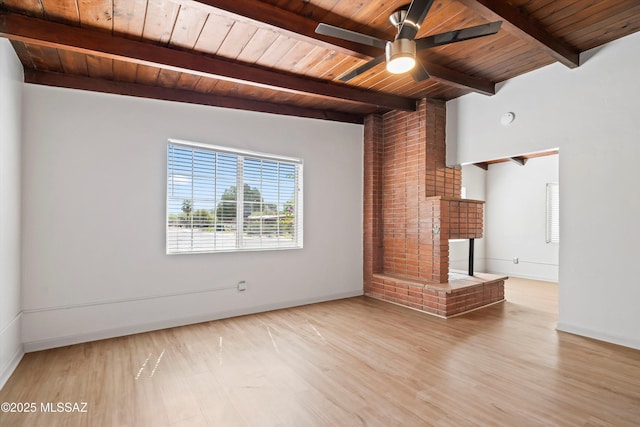 unfurnished living room with ceiling fan, baseboards, wooden ceiling, wood finished floors, and beamed ceiling