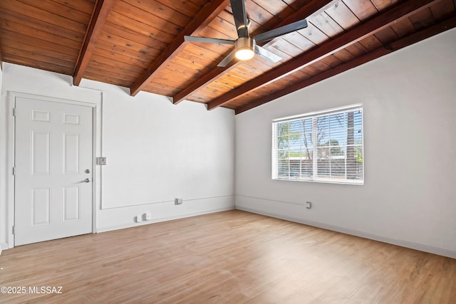 empty room with a ceiling fan, baseboards, wooden ceiling, vaulted ceiling with beams, and light wood-type flooring