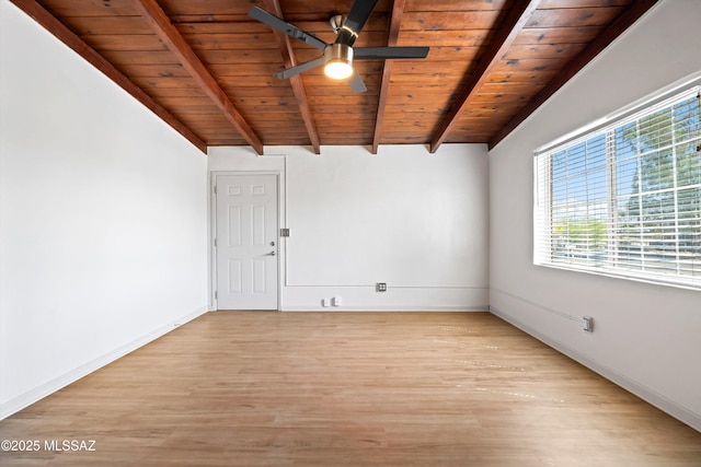 empty room with light wood-style floors, a ceiling fan, wood ceiling, and vaulted ceiling with beams