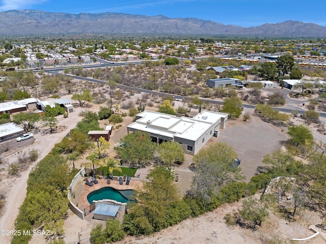 aerial view featuring a mountain view and a residential view