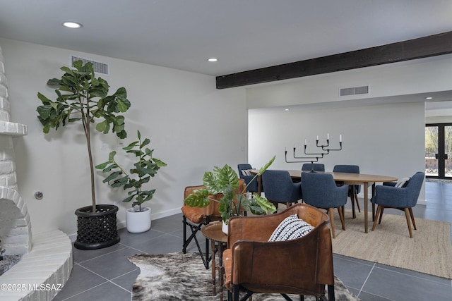 1720 W Cessna Way, Tucson, AZ 85755 - living area with dark tile patterned floors, recessed lighting, french doors, and beamed ceiling