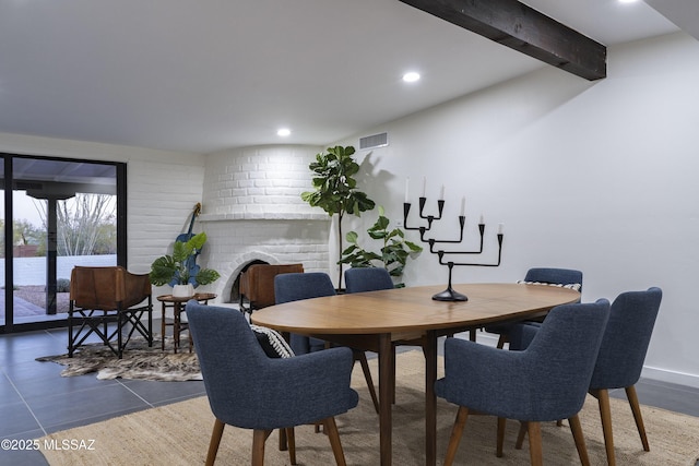1720 W Cessna Way, Tucson, AZ 85755 - dining area with recessed lighting, a brick fireplace, and beamed ceiling