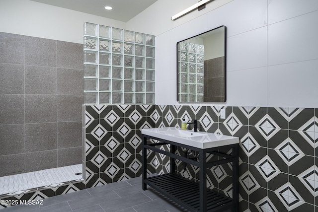 1720 W Cessna Way, Tucson, AZ 85755 - full bath with a walk in shower, tile walls, and tile patterned flooring