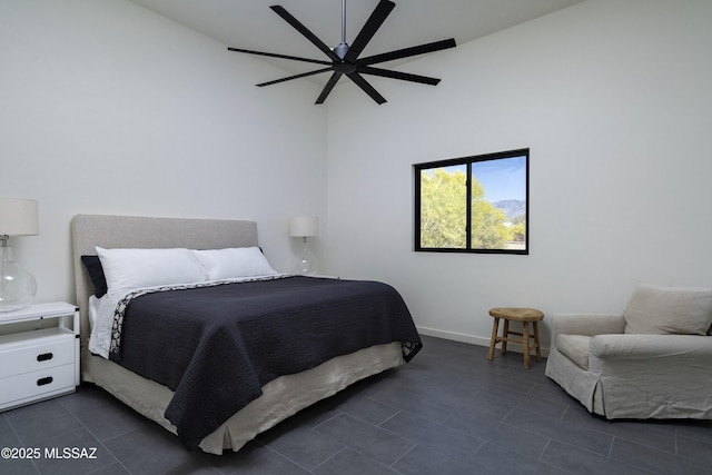 1720 W Cessna Way, Tucson, AZ 85755 - bedroom with dark tile patterned floors, baseboards, high vaulted ceiling, and a ceiling fan