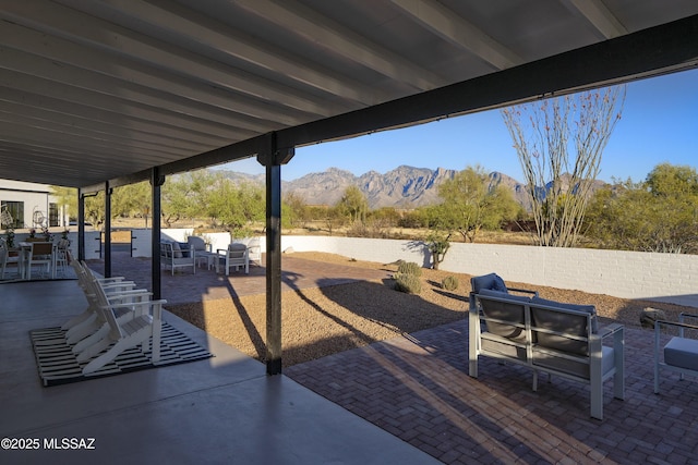 1720 W Cessna Way, Tucson, AZ 85755 - view of patio / terrace with outdoor lounge area, a mountain view, and a fenced backyard