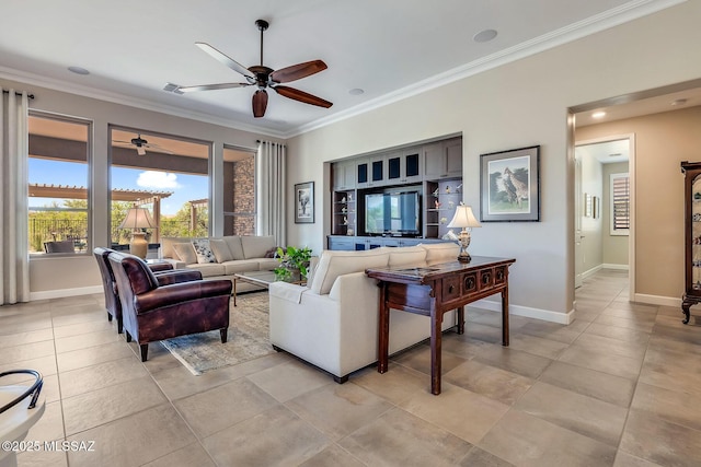 living area featuring light tile patterned floors, crown molding, visible vents, baseboards, and ceiling fan