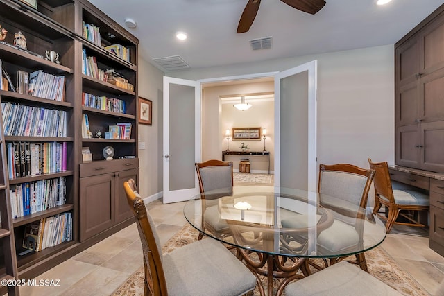 dining area featuring a ceiling fan, visible vents, and recessed lighting