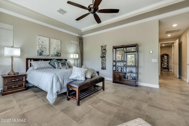 bedroom with crown molding, light tile patterned flooring, a ceiling fan, and visible vents