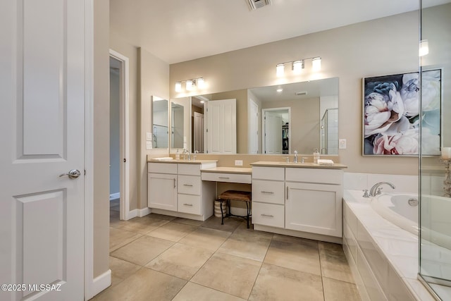 full bath with a bath, visible vents, tile patterned flooring, and vanity