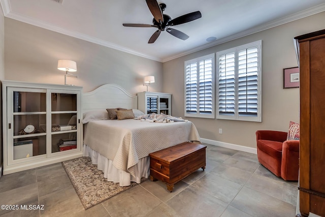bedroom with ceiling fan, baseboards, and ornamental molding