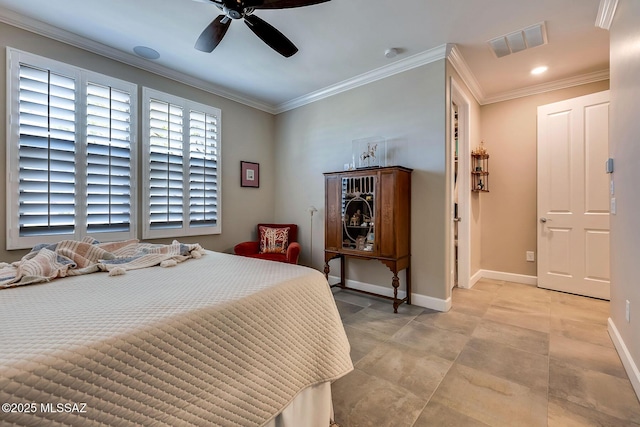 bedroom with crown molding, baseboards, a ceiling fan, and visible vents