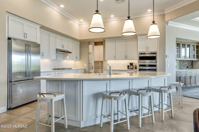 kitchen with under cabinet range hood, ornamental molding, decorative backsplash, light countertops, and appliances with stainless steel finishes