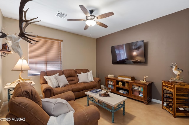 12489 N Owl Head Canyon Rd, Marana, AZ 85658 - living room with baseboards, light carpet, a ceiling fan, and visible vents
