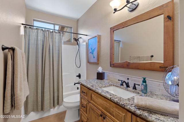 12489 N Owl Head Canyon Rd, Marana, AZ 85658 - bathroom with vanity, toilet, shower / bath combination with curtain, and tasteful backsplash