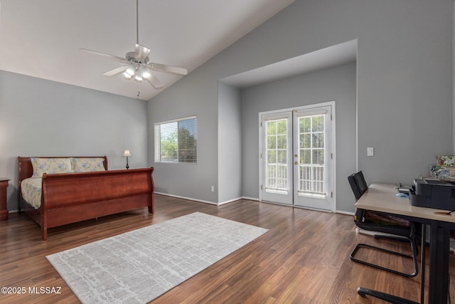 bedroom featuring dark wood finished floors, high vaulted ceiling, access to exterior, and baseboards
