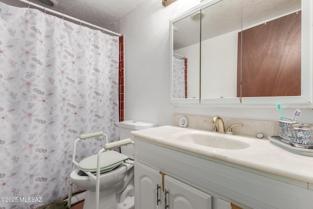 414 E 34th St, Tucson, AZ 85713 - full bathroom with toilet, a textured ceiling, a shower with shower curtain, and vanity