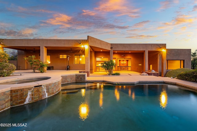 5327 N Ventana Overlook Pl, Tucson, AZ 85750 - outdoor pool with a patio, ceiling fan, and an in ground hot tub