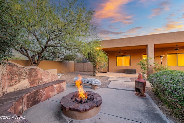 5327 N Ventana Overlook Pl, Tucson, AZ 85750 - view of patio / terrace featuring fence, ceiling fan, and an outdoor fire pit