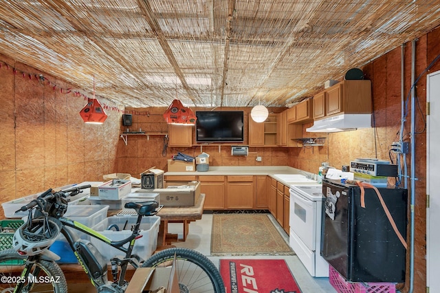 kitchen with white electric stove, open shelves, under cabinet range hood, light countertops, and a sink