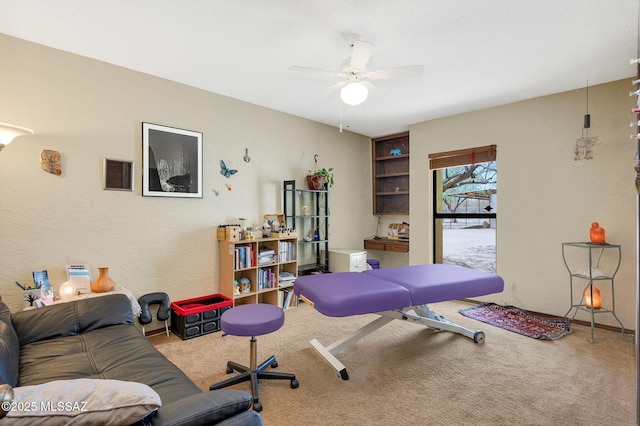 workout room featuring a ceiling fan and carpet