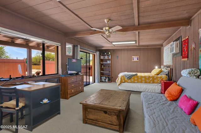 carpeted bedroom featuring wooden walls, an AC wall unit, beamed ceiling, and wooden ceiling