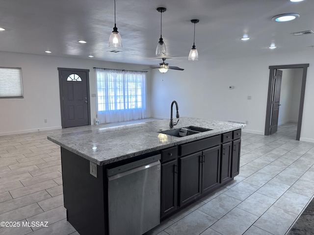 419 N Miller Ln, Saint David, AZ 85630 - kitchen featuring a sink, open floor plan, dishwasher, pendant lighting, and visible vents
